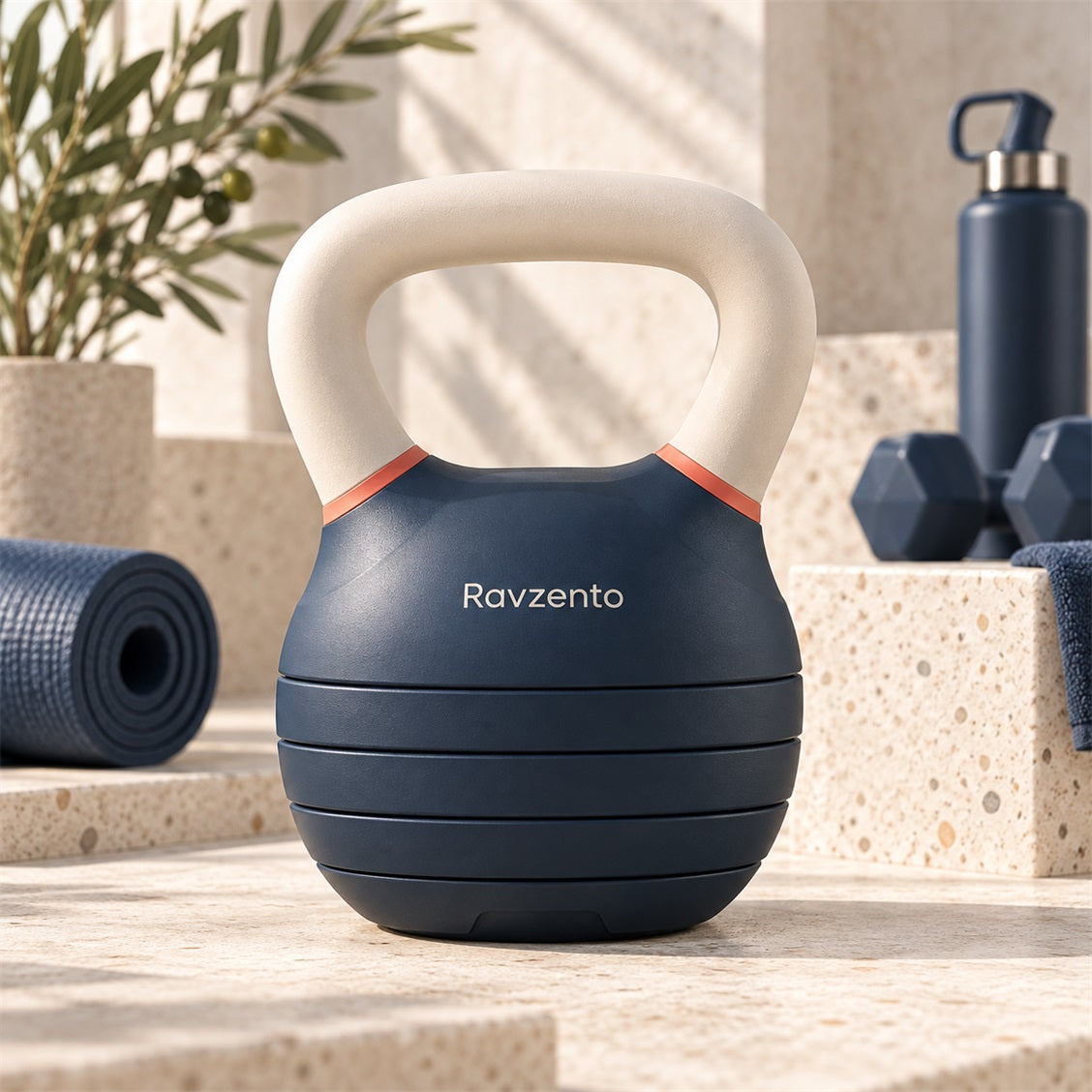 Ravzento kettlebell beside a yoga mat and dumbbells
