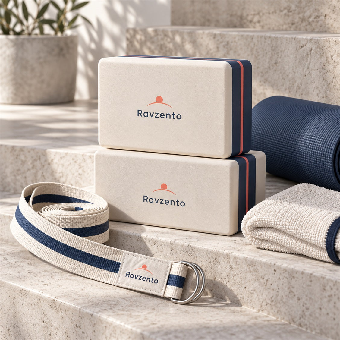 Ravzento yoga block and strap set beside a yoga mat