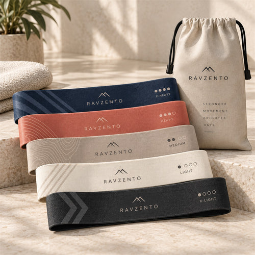 Five Ravzento loop resistance bands with storage pouch