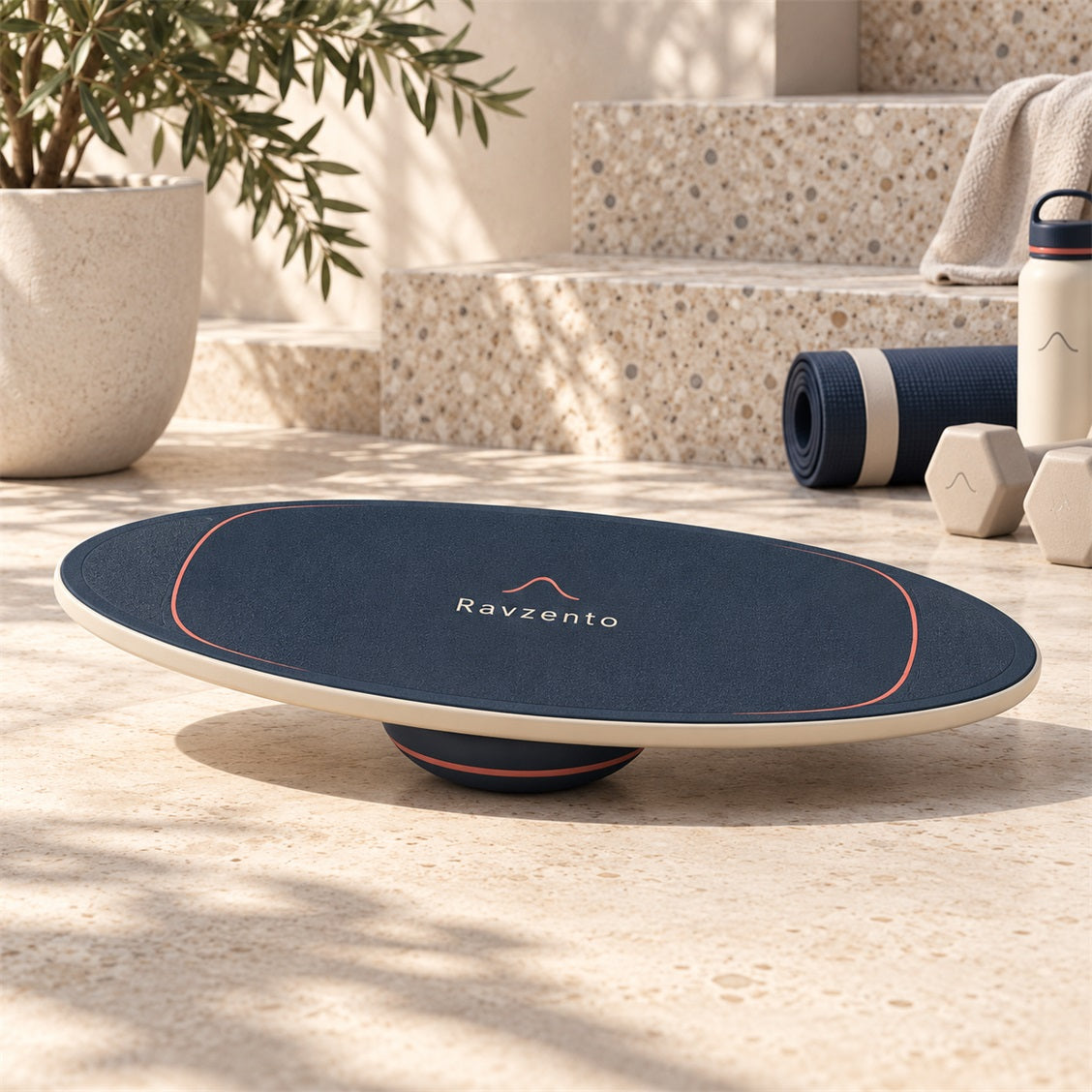 Ravzento balance board shown on its rounded pivot base