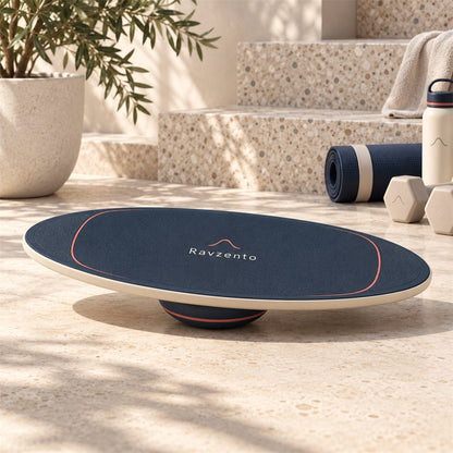 Ravzento balance board shown on its rounded pivot base