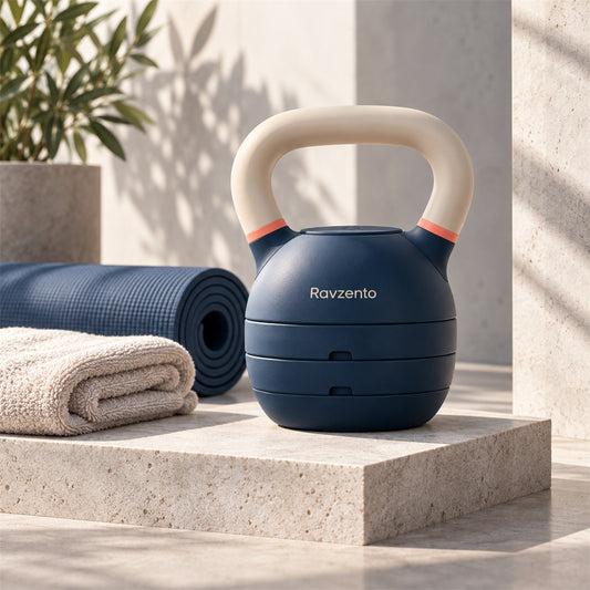 Ravzento compact kettlebell in navy and ivory