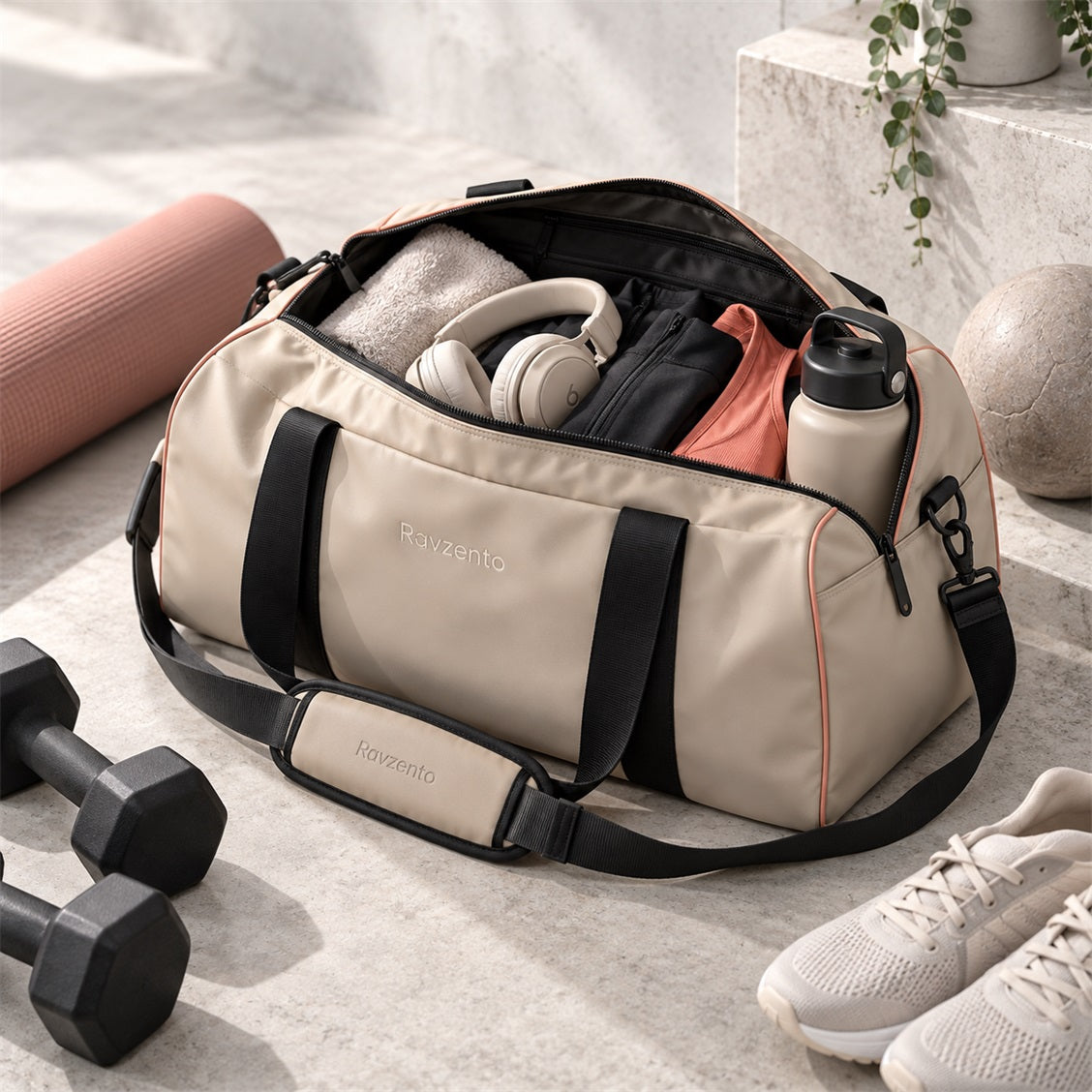 Open Ravzento gym bag packed with workout essentials