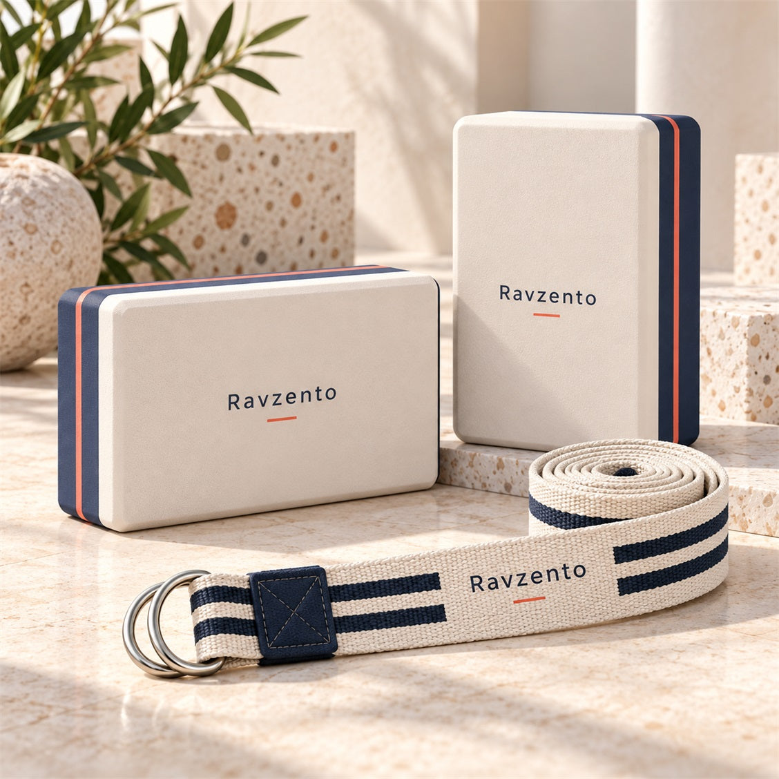 Two Ravzento yoga blocks with a stretch strap