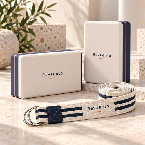 Two Ravzento yoga blocks with a stretch strap