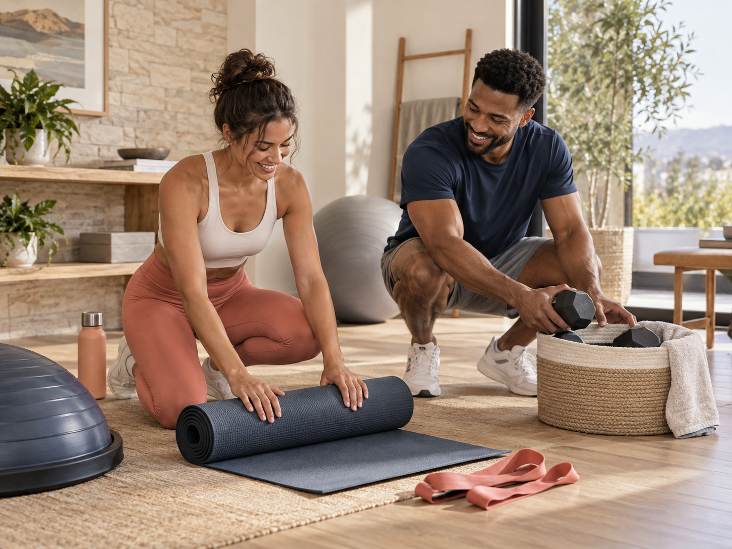 Friends enjoying a home fitness routine